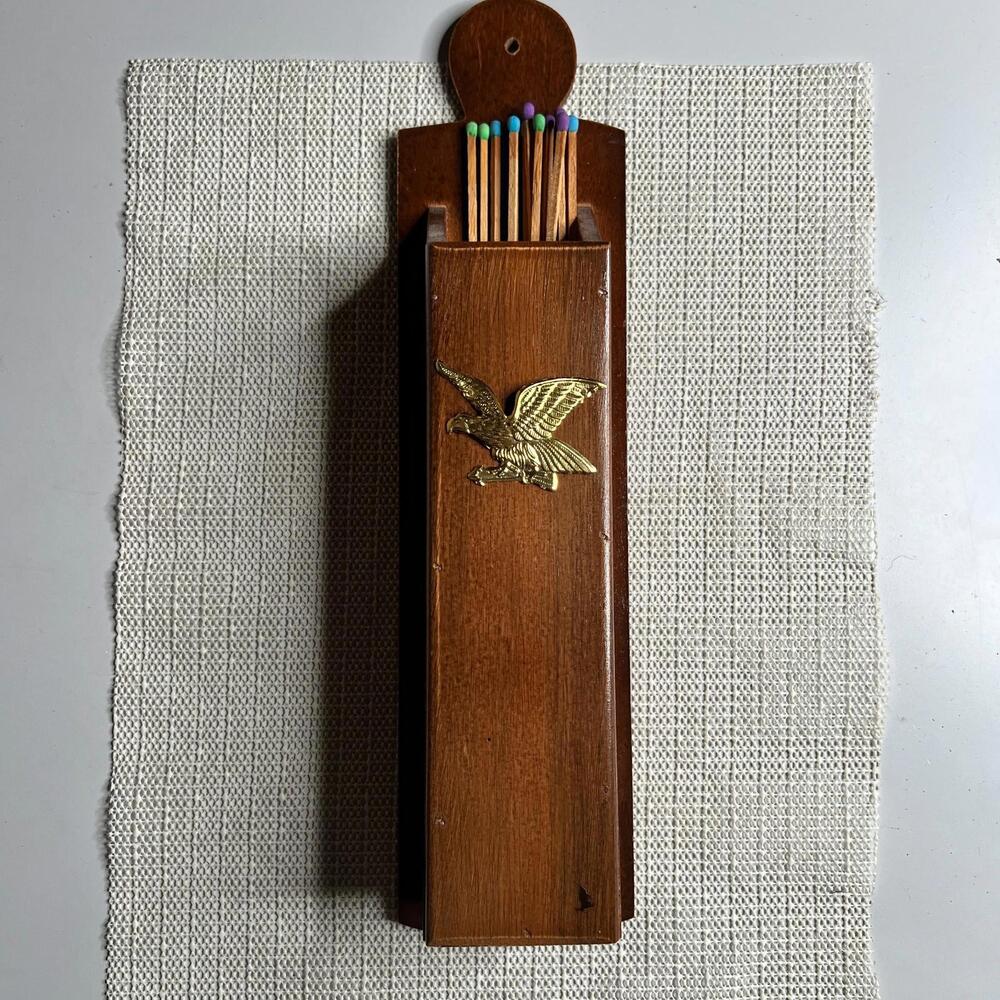 Vintage Wooden Wall Match Holder Brass Eagle Americana Rustic Kitchen Decor